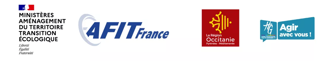 Logos Ministère aménagement du territoire transition écologique, AFIT France, Région Occitanie, Conseil départemental de la Haute-Garonne