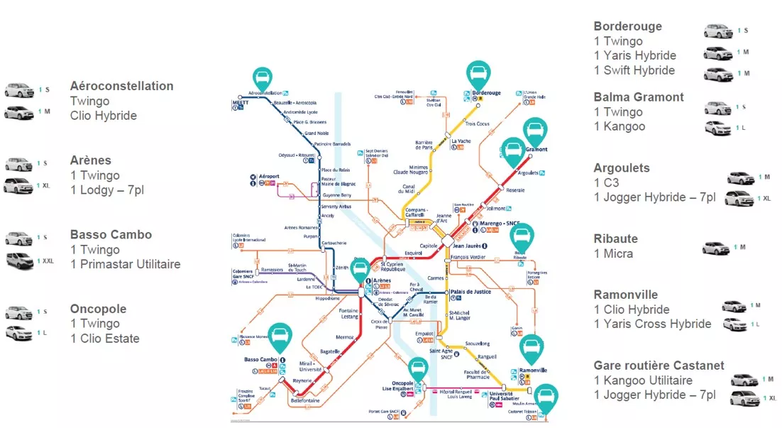 carte du réseau Tisséo avec le type de voiture Citiz accessible