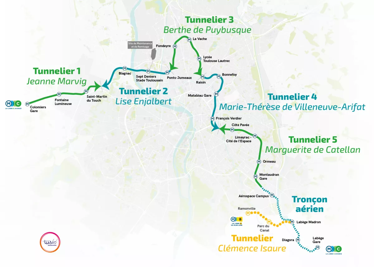 Plan des tracés des 6 tunneliers de la ligne C et de la Connexion Ligne B  (Agrandir l'image - fenêtre modale)