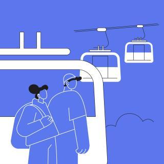 Illustration, deux personnages s'apprêtent à prendre le téléphérique
