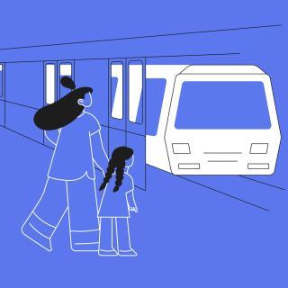 Illustration, une mère et sa fille s'apprêtent à prendre le train